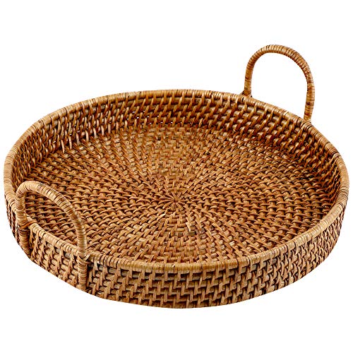 AKWAY Wicker Serving Tray for Home | Dining Table Decorative Round Shape Tray | Party Platter With Handles | Diwali or Deepawali Gifts (Beige) - Image 4
