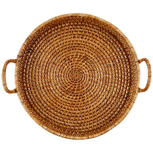 AKWAY Wicker Serving Tray for Home | Dining Table Decorative Round Shape Tray | Party Platter With Handles | Diwali or Deepawali Gifts (Beige) - Image 5