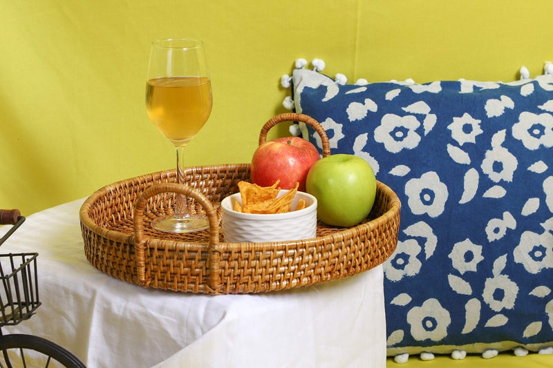 AKWAY Wicker Serving Tray for Home | Dining Table Decorative Round Shape Tray | Party Platter With Handles | Diwali or Deepawali Gifts (Beige) - Image 1