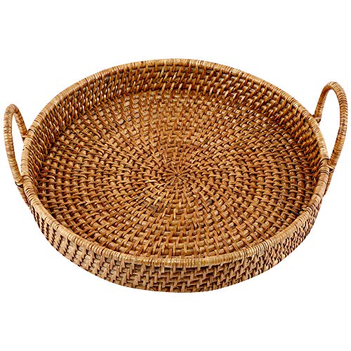 AKWAY Wicker Serving Tray for Home | Dining Table Decorative Round Shape Tray | Party Platter With Handles | Diwali or Deepawali Gifts (Beige) - Image 3