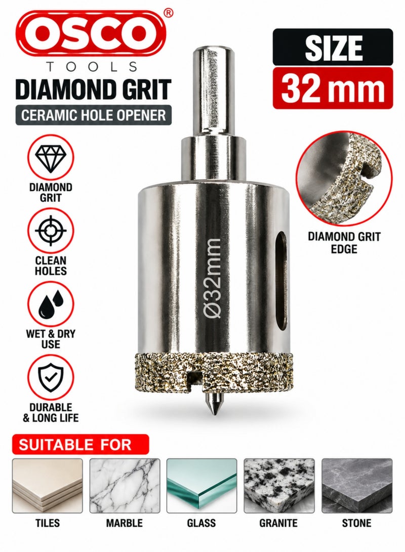 OSCO-TOOLS 32mm Diamond Grit Ceramic Hole Opener, Diamond Hole Saw for Tile, Marble, Glass, Granite & Stone, Wet & Dry Drill Bit for Clean Hole Cutting - Image 1