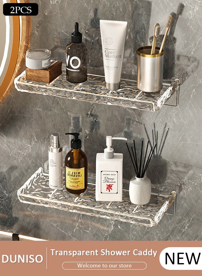 DUNISO 2PCS Wall Mounted Transparent Shower Caddy, Water Ripple Clear Shower Shelves with Self Adhesive Tape, No Drilling Adhesive Shower Shelf for Bathroom Storage, Rustproof Shower Shelf for Bathroom, Dorm, Toilet, Kitchen - Image 1