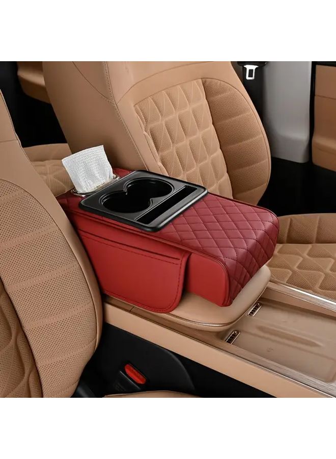 Black Quilted PU Leather Car Armrest Pad with Cup Holder Tissue Box and Storage Pockets - Image 3
