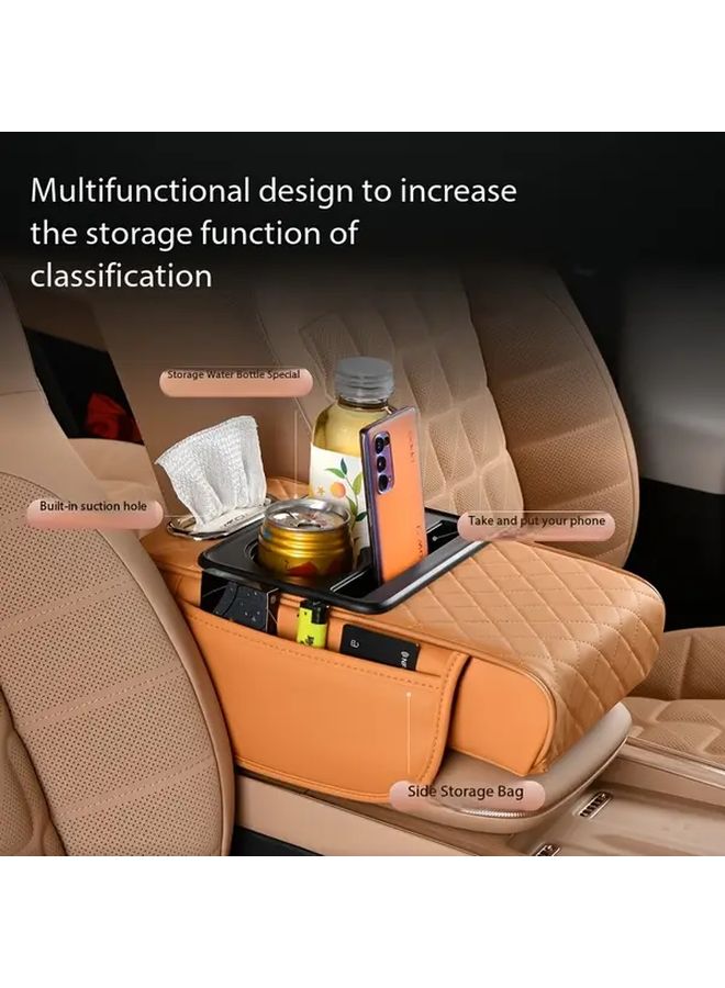 Black Quilted PU Leather Car Armrest Pad with Cup Holder Tissue Box and Storage Pockets - Image 2