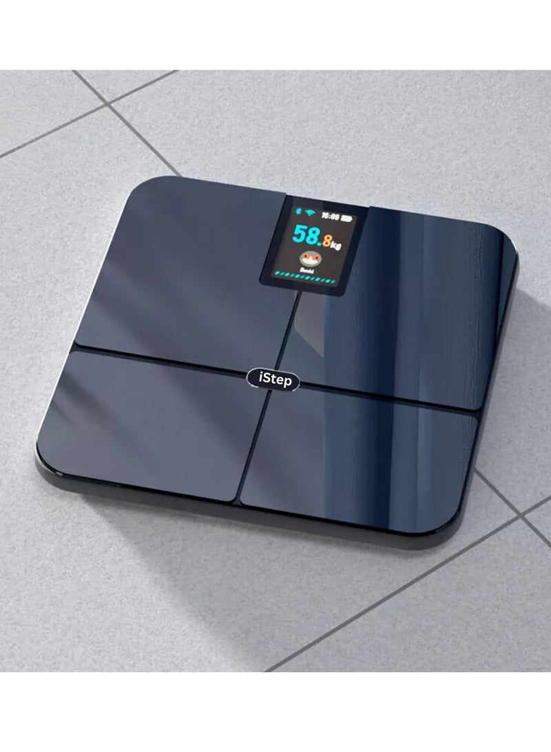 اي ستيب ميزان اي ستيب الإلكتروني CF568 باللون الأسود - بقدرة تحميل 180 كجم، شاشة عرض 3.5 بوصة، اتصال مزدوج بلوتوث 5.0 وWiFi، و15 مقياس صحي - Image 1