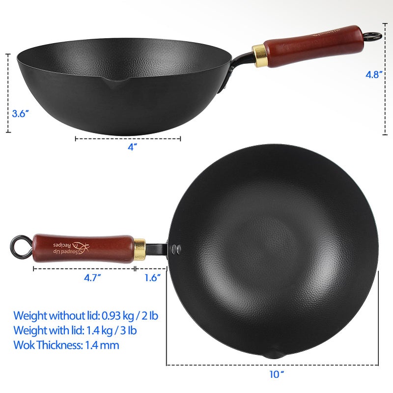Souped Up Recipes 10 Inch Carbon Steel Wok For Electric, Induction and Gas Stoves (Lid and User Guide Video Included) - Image 2