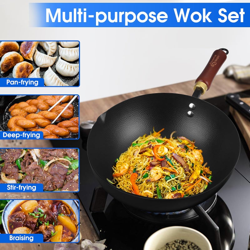 Souped Up Recipes 10 Inch Carbon Steel Wok For Electric, Induction and Gas Stoves (Lid and User Guide Video Included) - Image 3