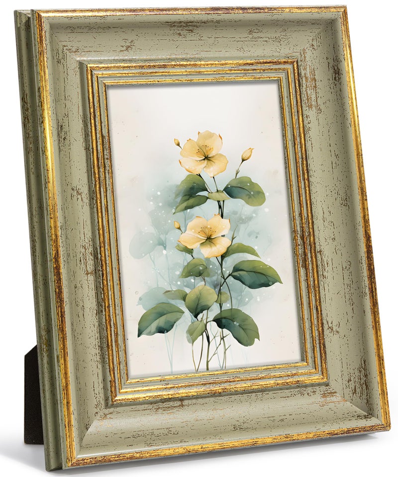 Afuly 4x6 Picture Frame Antique Vintage Gold Sage Green Single Photo Frame for Desk Wall Gallery Artworks Portrait Landscape Unique Birthday Gifts for Grandma Mom Women