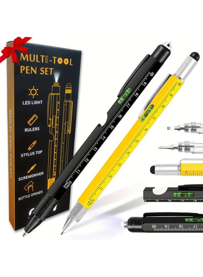 Polychrome 2Pcs 10 in 1 Multi Tool Pen Set LED Light Stylus Ruler Level Bottle Opener Screwdriver Ballpoint Pen Gifts for Men - Image 1