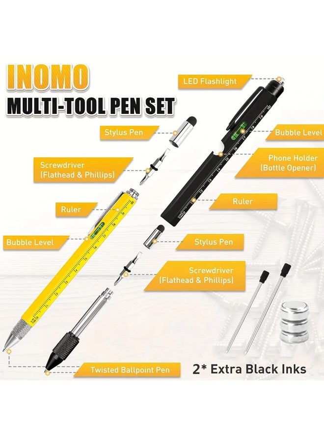 Polychrome 2Pcs 10 in 1 Multi Tool Pen Set LED Light Stylus Ruler Level Bottle Opener Screwdriver Ballpoint Pen Gifts for Men - Image 3