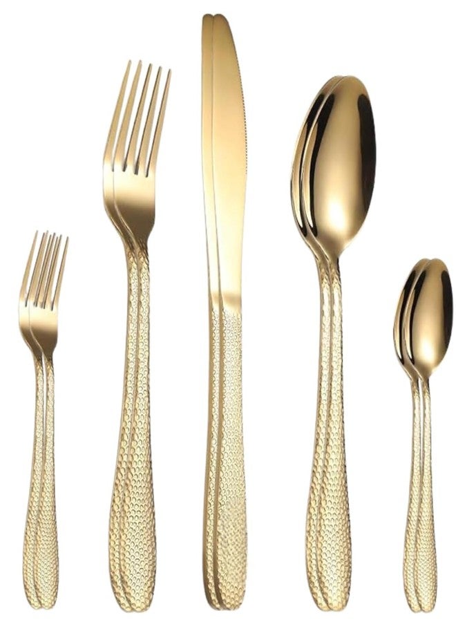 Eletree Stainless Steel Flatware Set | Hammered Handle Cutlery with Salad Forks Dinner Forks Tea Spoons Dinner Spoons and Knives | Dishwasher Safe Tableware for Home and Restaurant (10, Gold) - Image 1