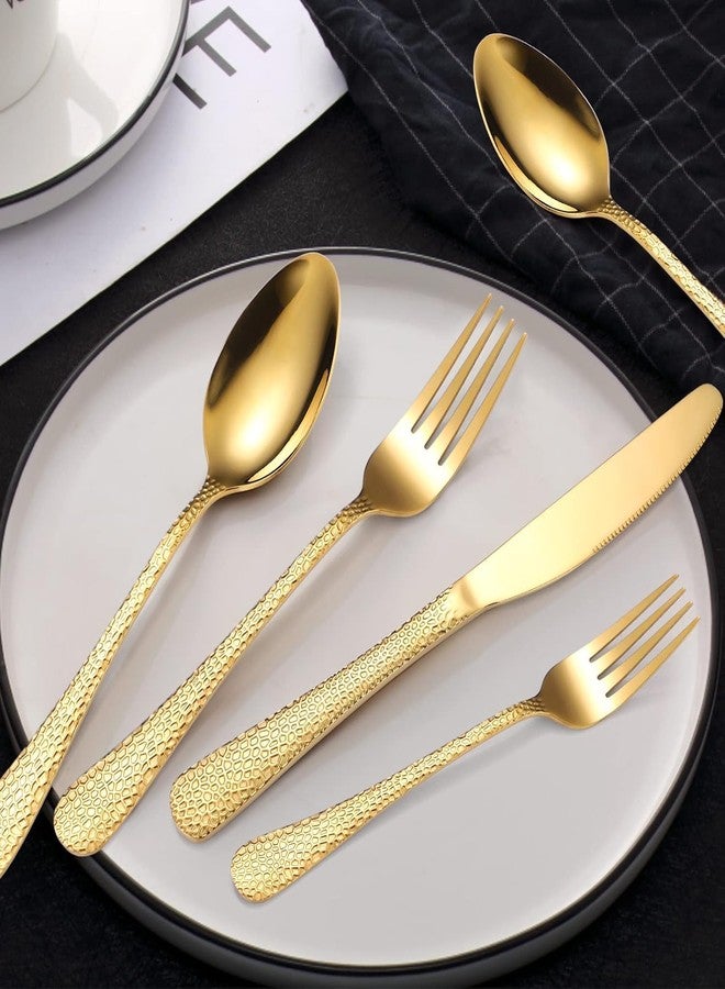 Eletree Stainless Steel Flatware Set | Hammered Handle Cutlery with Salad Forks Dinner Forks Tea Spoons Dinner Spoons and Knives | Dishwasher Safe Tableware for Home and Restaurant (10, Gold) - Image 2