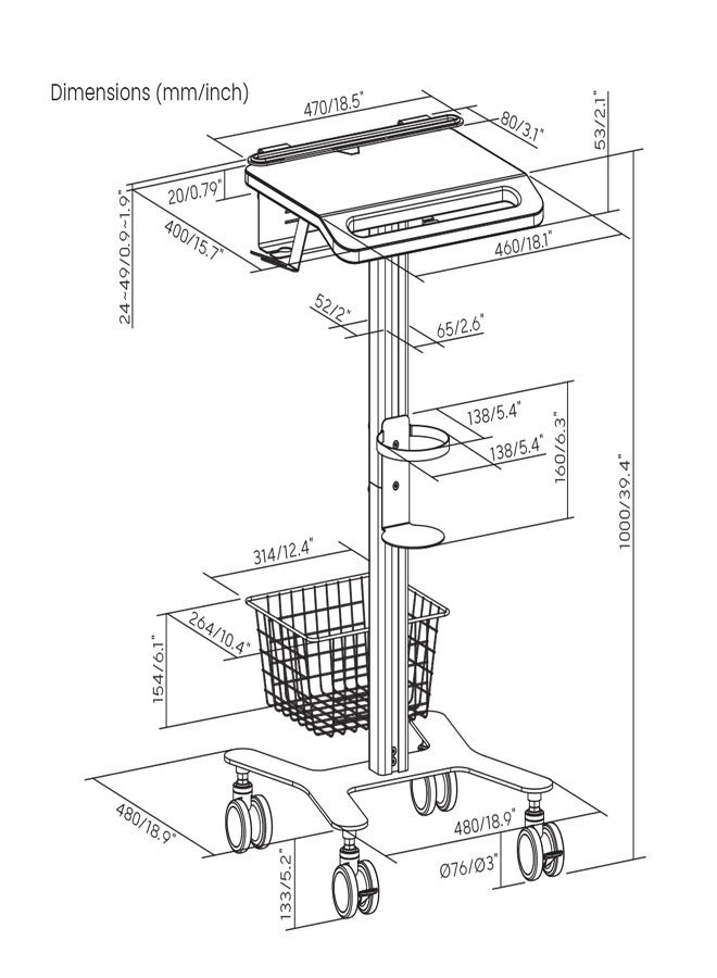 Skill Tech SH MED06 4 Medical Laptop Cart with Anti Theft Laptop Holder & Storage Basket – Mobile Workstation Trolley, Max Load 20kg  Table , 5kg  Basket , Height Adjustable  White - Image 2