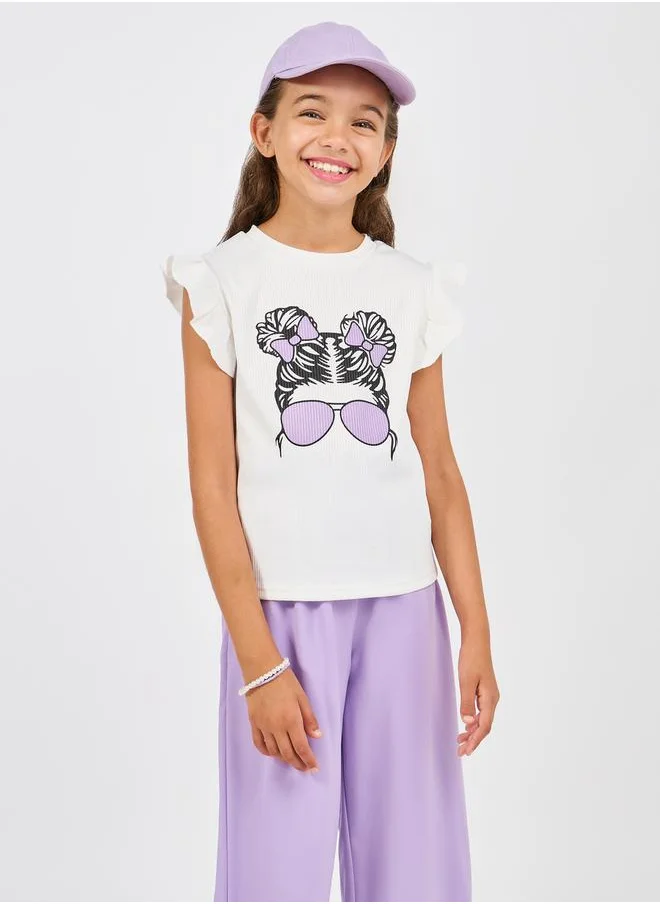 ستايلي Ruffle Trim Printed Top & Paperbag Waist Pants Set