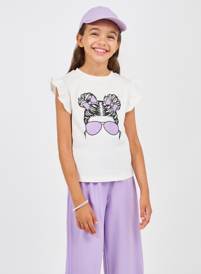 Styli Ruffle Trim Printed Top & Paperbag Waist Pants Set  - Image 2