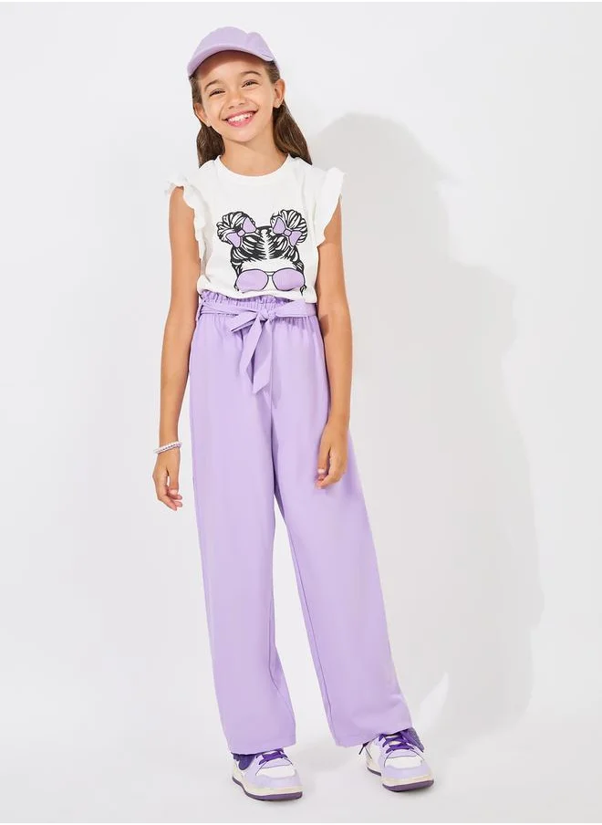 ستايلي Ruffle Trim Printed Top & Paperbag Waist Pants Set