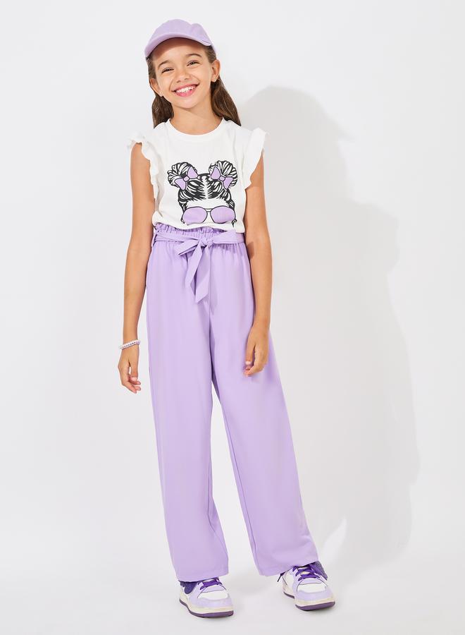Styli Ruffle Trim Printed Top & Paperbag Waist Pants Set  - Image 1