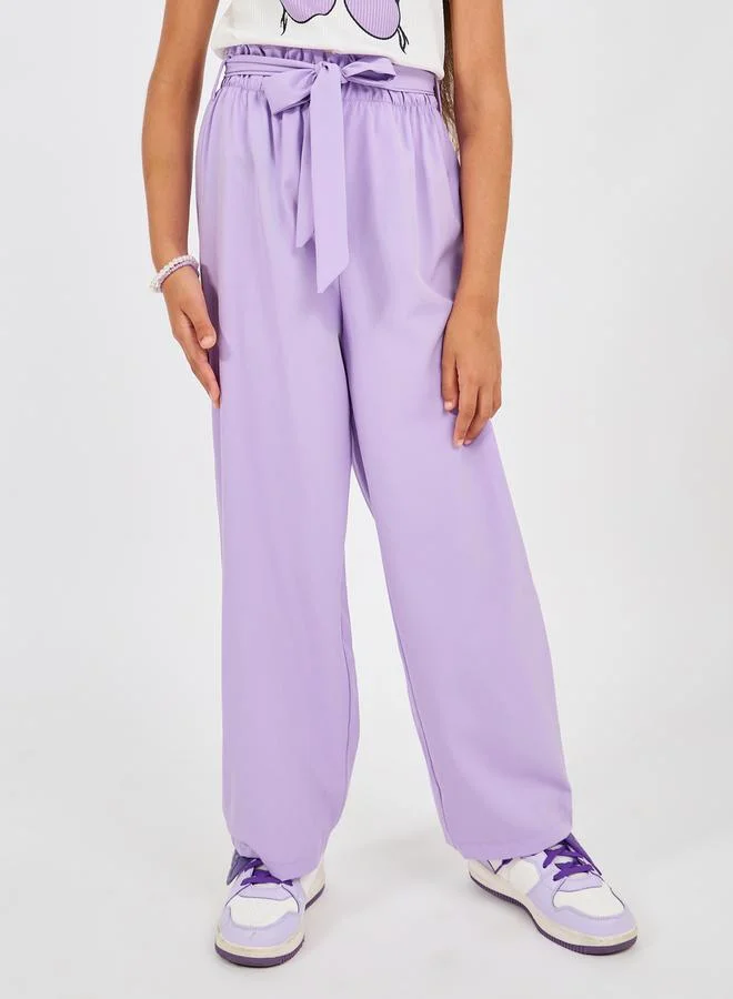 Styli Ruffle Trim Printed Top & Paperbag Waist Pants Set