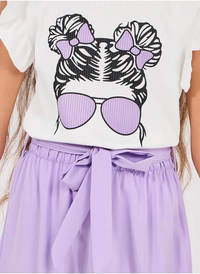 Styli Ruffle Trim Printed Top & Paperbag Waist Pants Set