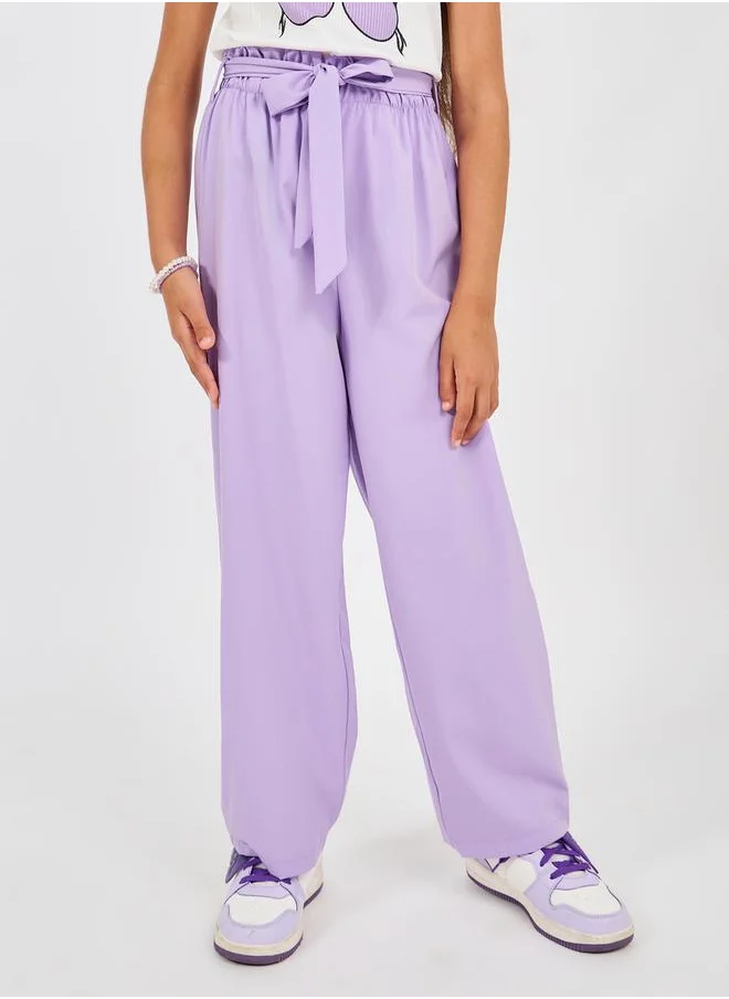 Styli Ruffle Trim Printed Top & Paperbag Waist Pants Set