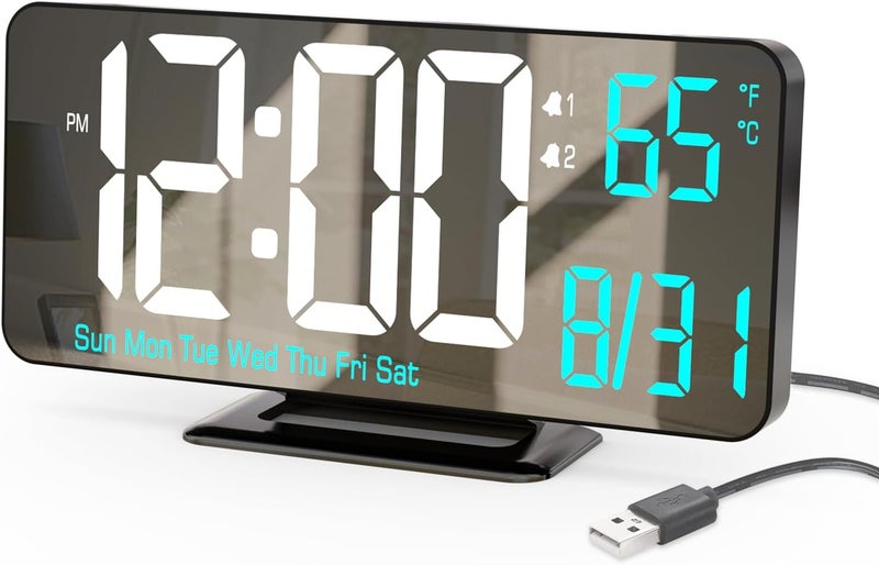 KOSUMOSU Digital Alarm Clock 6.7in Black Clock for Bedroom, Dual Alarm, Date, Seconds,Day of Week,12/24h,Dimming, Temp, Desk Clock, LED Clock for Living Room, Calendar Digital Clock - Image 1