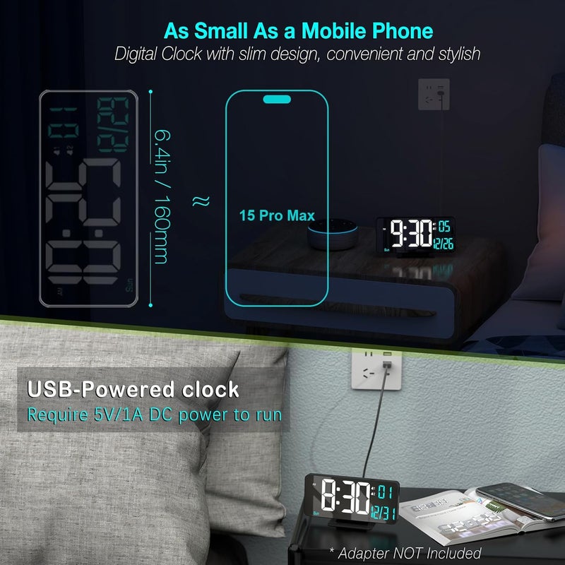 KOSUMOSU Digital Alarm Clock 6.7in Black Clock for Bedroom, Dual Alarm, Date, Seconds,Day of Week,12/24h,Dimming, Temp, Desk Clock, LED Clock for Living Room, Calendar Digital Clock - Image 2