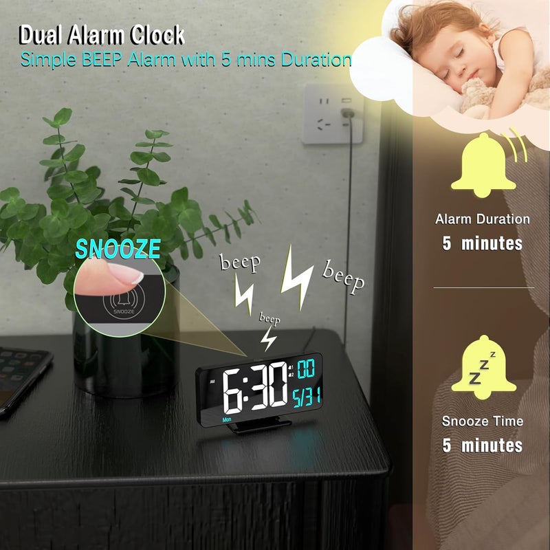KOSUMOSU Digital Alarm Clock 6.7in Black Clock for Bedroom, Dual Alarm, Date, Seconds,Day of Week,12/24h,Dimming, Temp, Desk Clock, LED Clock for Living Room, Calendar Digital Clock - Image 5