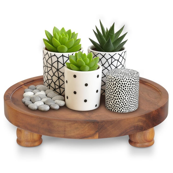 10 ACACIA WOOD ROUND TRAY DECORATIVE PLANT STAND FARMHOUSE COUNTERTOP ORGANIZER MULTIPURPOSE DISPLAY PEDESTAL RISER BOARD FOR SOAP PERFUME CANDLES SPONGE BATHROOM KITCHEN