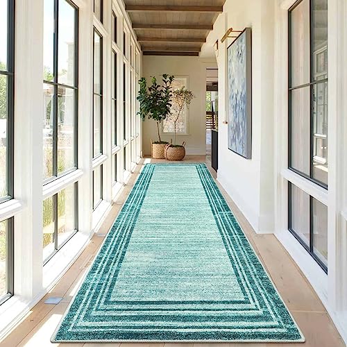 La Home Lahome Modern Abstract Runner Rug 25x10 Teal Long Kitchen Runner Non Skid Washablel Rug Runners for Hallways Low Pile Soft Entryway Rug Indoor Floor Carpet Runner 10ft for Bedroom Laundry - Image 1