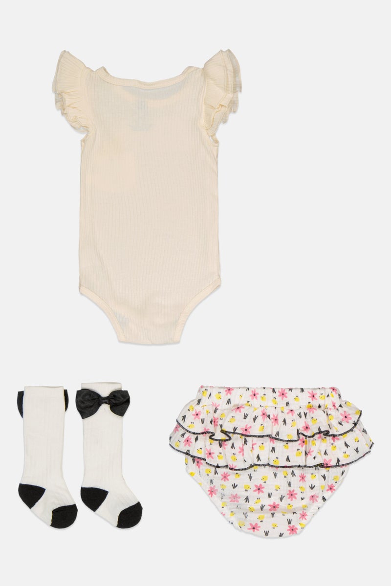 Exer Saucer Toddlers Girl 3 Pcs Allover Print Bodysuit And Pantie Set With Socks, Multicolor - Image 3