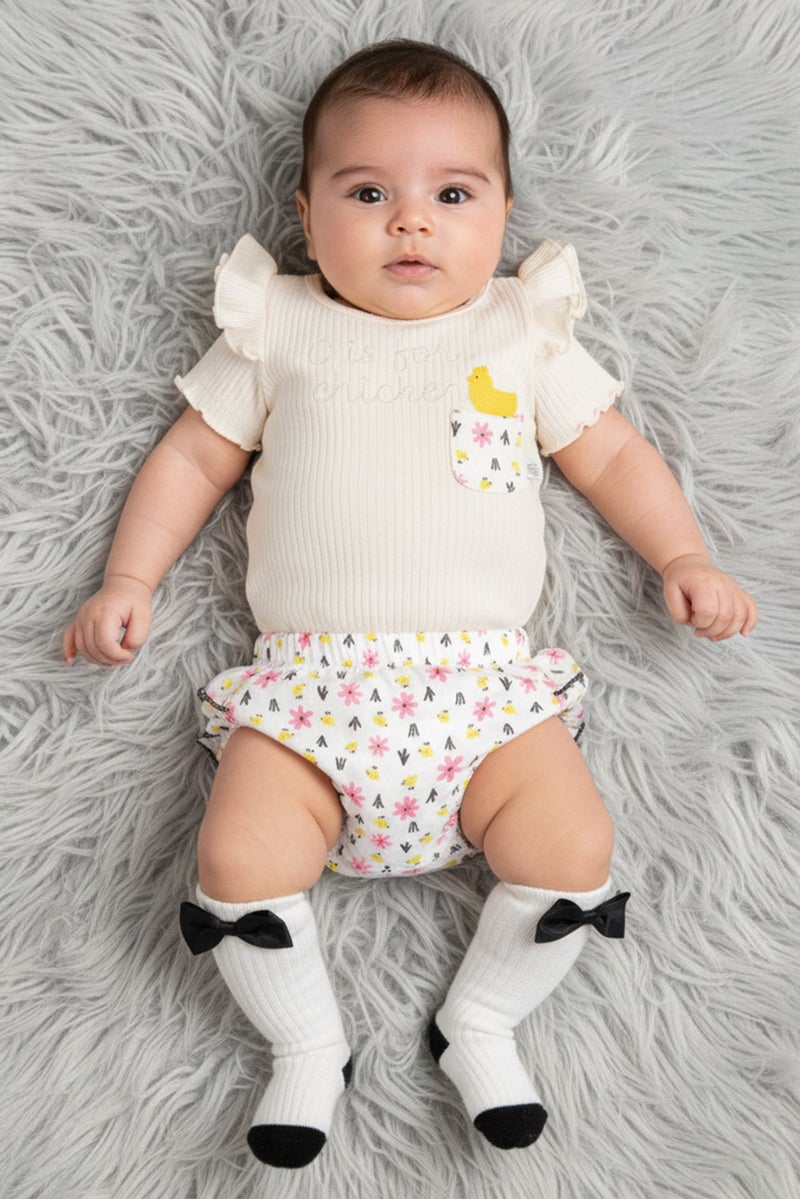 Exer Saucer Toddlers Girl 3 Pcs Allover Print Bodysuit And Pantie Set With Socks, Multicolor - Image 1