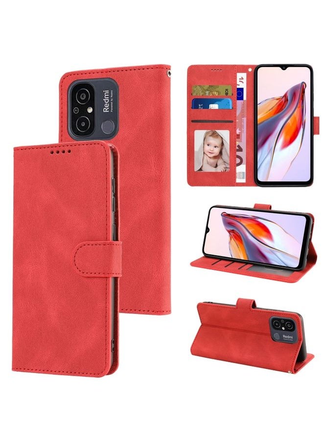HuHa Case Cover For Xiaomi Redmi 12C / Poco C55 Fantasy Skin-feel Calfskin Texture Leather Phone Case Red 