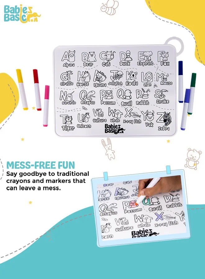 Babies Basic Reusable Silicone Colouring Mat With Pens And Travel Case - English Alphabet Design