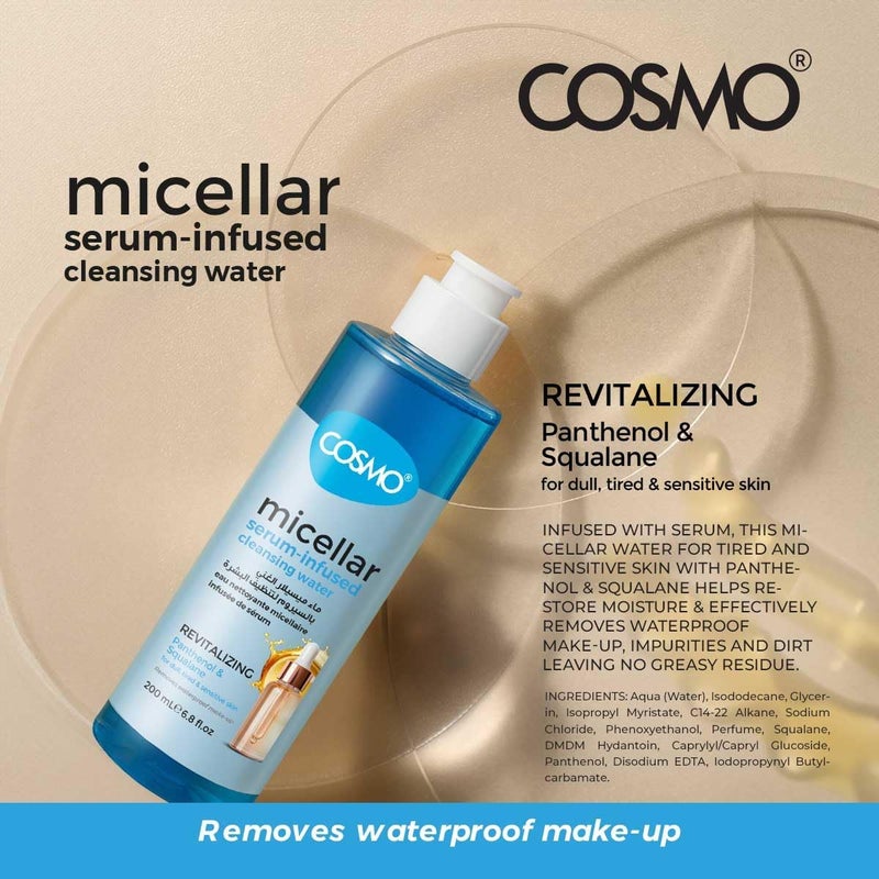 Cosmo Face Care Micellar Serum Infused Cleansing Water 200ml with Panthenol & Squalane - Image 2