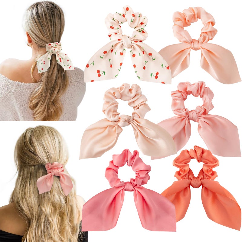 Glaudmeiss 6 PCS Bow Silk Scrunchies, Hair Ties with Bows, Hair Scrunchies for Women Girls, Knotted Bow Silk Hair Ties, Satin Hair Ribbon Elastic Hair Tie Hair Accessories - Image 1