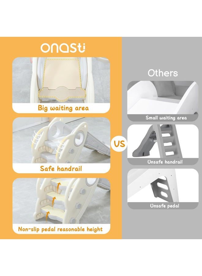 Onasti Kids Slide for Toddlers Age 1-3 Indoor Baby Plastic Slide Outdoor Climber Freestanding Playset with Basketball Hoop & Ring Game Grey - Image 5