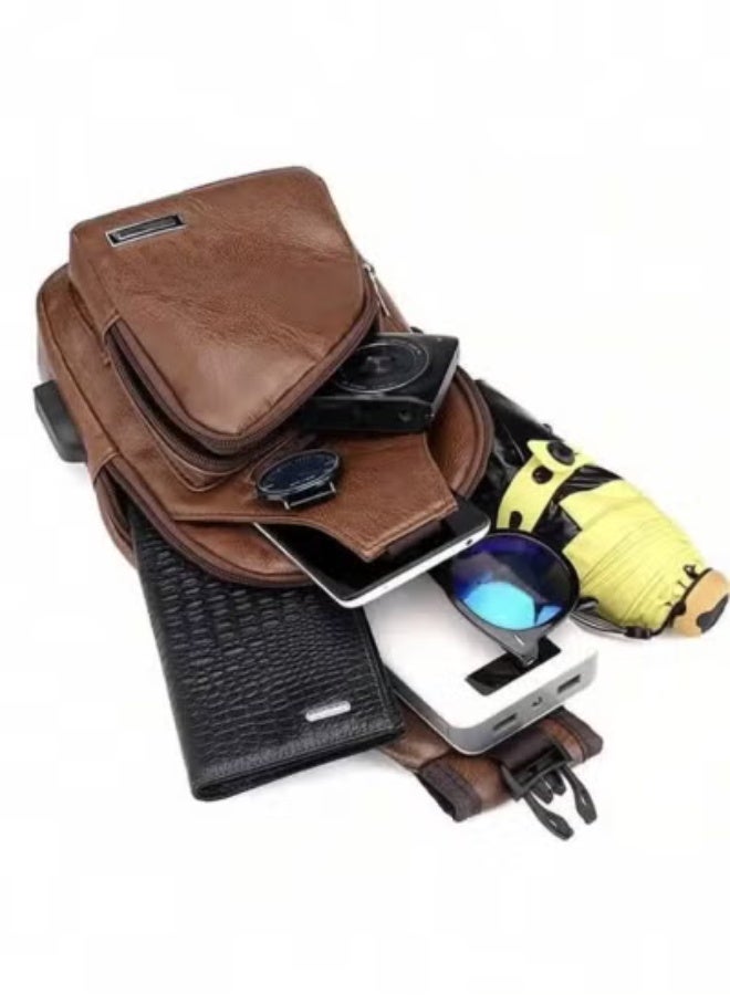 Men's Hanging Bag, Leather Hanging Bag with USB Charging Port Waterproof Multi-Pocket Chest Bag for Men Daily Crossbody Bag - Image 5