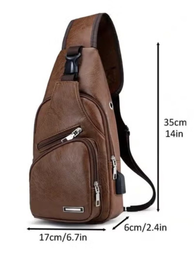 Men's Hanging Bag, Leather Hanging Bag with USB Charging Port Waterproof Multi-Pocket Chest Bag for Men Daily Crossbody Bag - Image 4