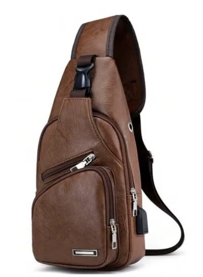 Men's Hanging Bag, Leather Hanging Bag with USB Charging Port Waterproof Multi-Pocket Chest Bag for Men Daily Crossbody Bag - Image 1