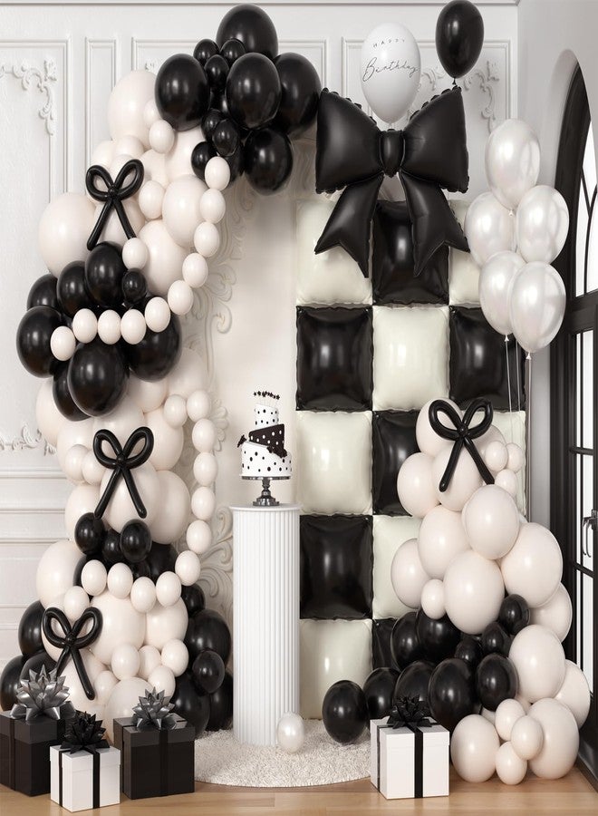 Winrayk 187Pcs Black and White Bow Balloon Arch Kit for Women Girl Black Bow Birthday Decorations Checkered Square Foil Balloons Pearl White Balloon Bridal Shower Wedding Coquette Birthday Party Decor - Image 1