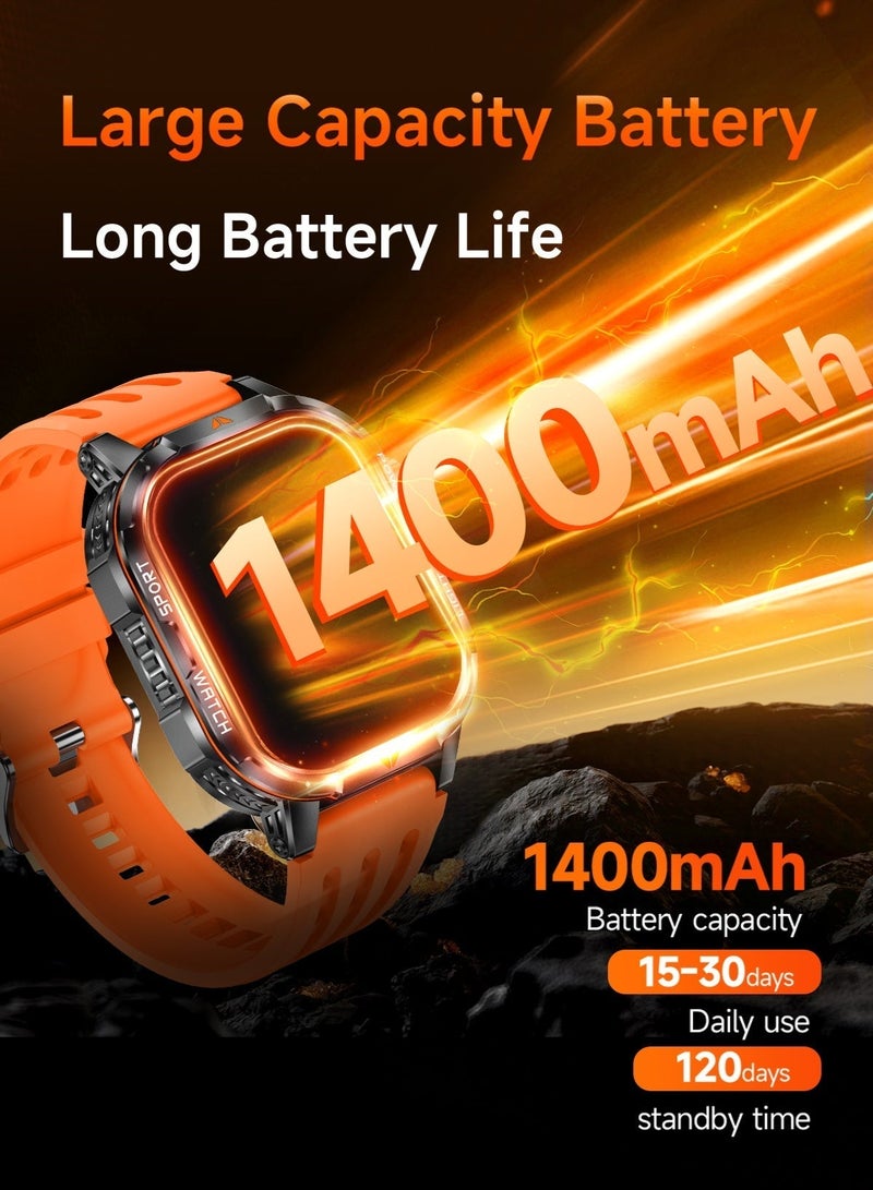 1400mAh Smart Sports Watch | 100+ Watch Faces, 2" Touch Screen, Bluetooth 5.3, IP67, Health & Sports Monitor, Black and Orange - Image 2