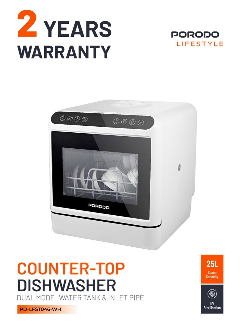 porodo Counter-Top Dishwasher 25L with UV Sterilization / Dual Mode / Water Tank & Inlet Pipe / Compact Size / High Energy Efficient - White  - Image 1