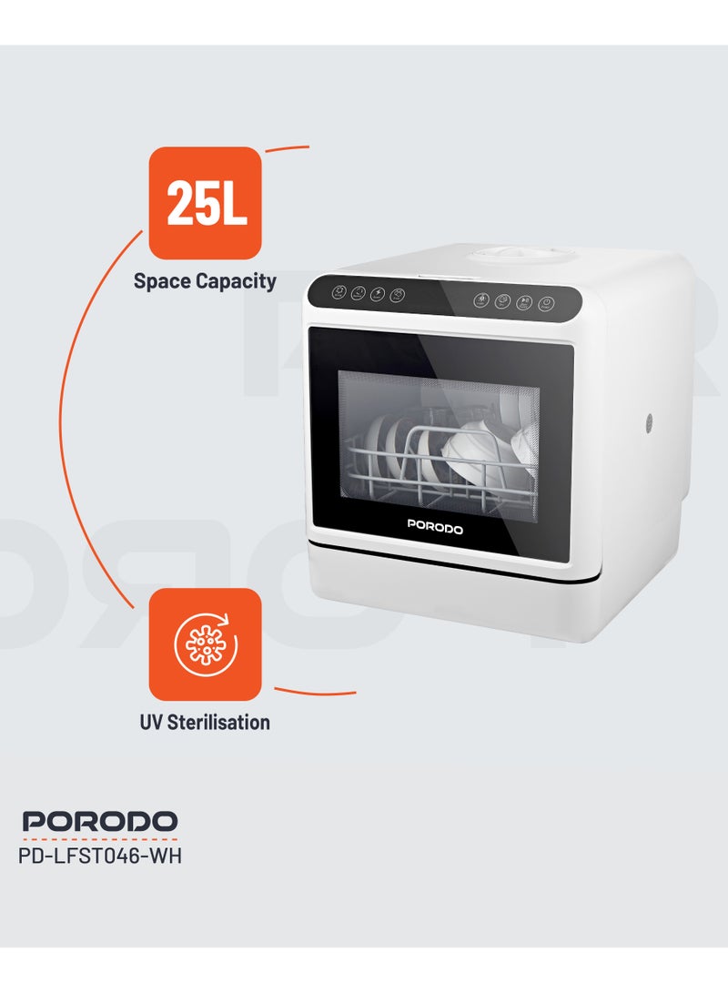 porodo Counter-Top Dishwasher 25L with UV Sterilization / Dual Mode / Water Tank & Inlet Pipe / Compact Size / High Energy Efficient - White  - Image 3