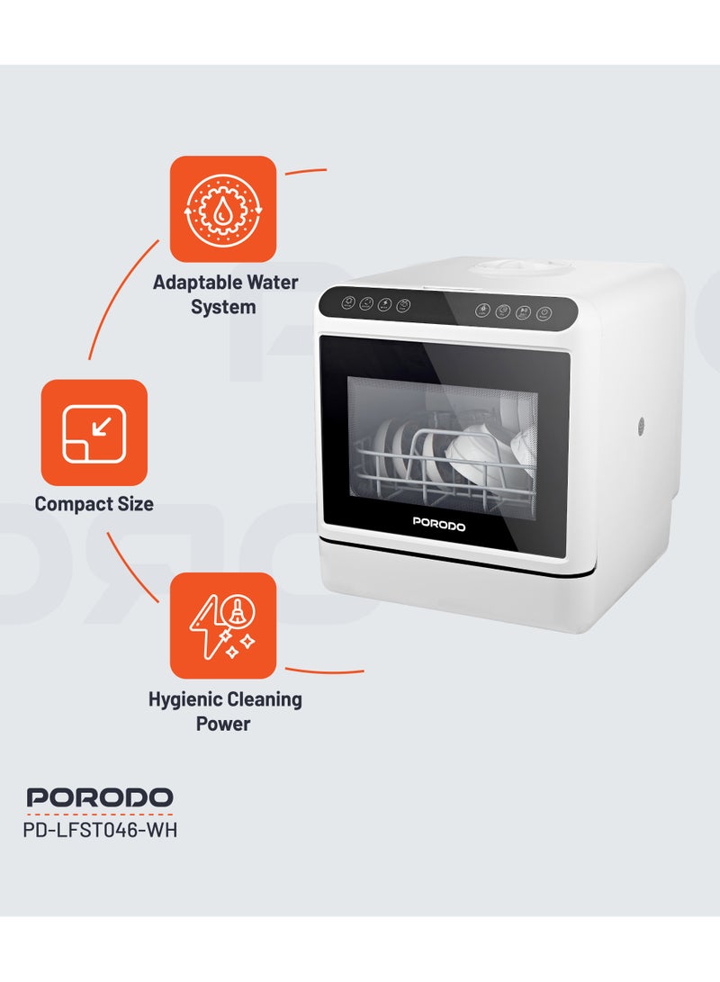 porodo Counter-Top Dishwasher 25L with UV Sterilization / Dual Mode / Water Tank & Inlet Pipe / Compact Size / High Energy Efficient - White  - Image 2