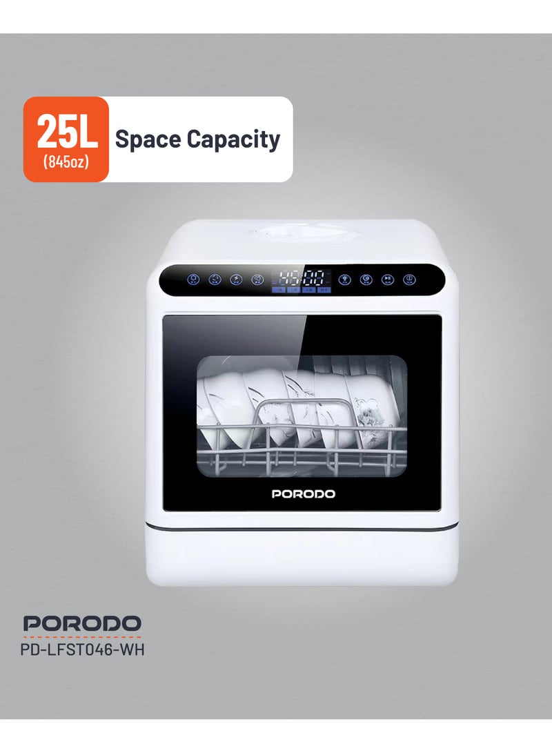 porodo Counter-Top Dishwasher 25L with UV Sterilization / Dual Mode / Water Tank & Inlet Pipe / Compact Size / High Energy Efficient - White  - Image 5