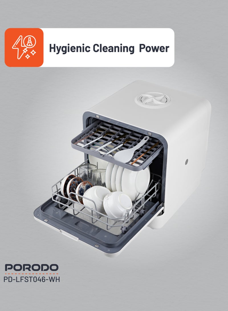porodo Counter-Top Dishwasher 25L with UV Sterilization / Dual Mode / Water Tank & Inlet Pipe / Compact Size / High Energy Efficient - White  - Image 4