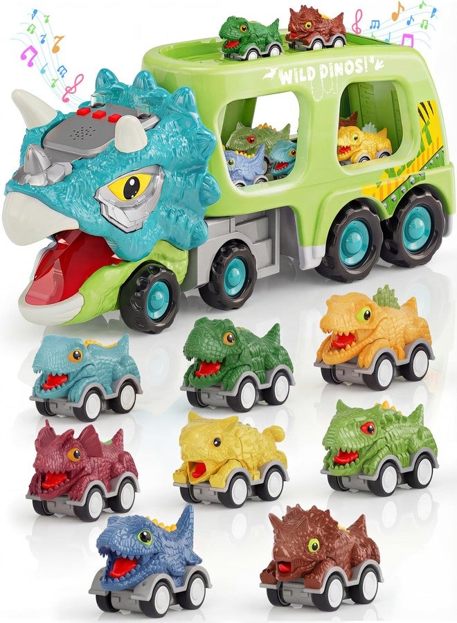 Cozycharm 9 in 1 Dinosaur Toys for Boys, Dinosaur Transport Truck with 8 Pull Back Dino Cars, Toys for 3 4 5+ Year Old Toddlers, Birthday for Grandkids, Blue Green - Image 1