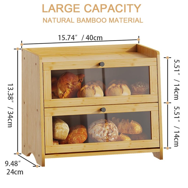BAMBANG Bread Box for Kitchen Countertop, Extra Large Bamboo Bread Storage Container for Homemade Bread, Double Layer Sourdough Breadox, Bread Bin Organizer for Counter Cabinet Pantry, Natural - Image 2