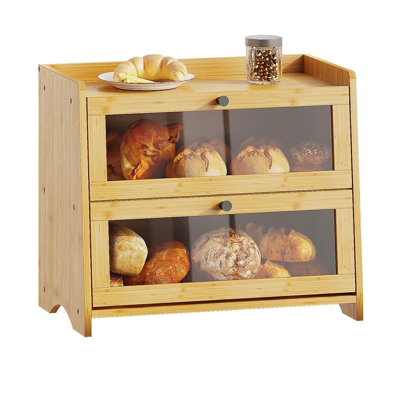 BAMBANG Bread Box for Kitchen Countertop, Extra Large Bamboo Bread Storage Container for Homemade Bread, Double Layer Sourdough Breadox, Bread Bin Organizer for Counter Cabinet Pantry, Natural - Image 1