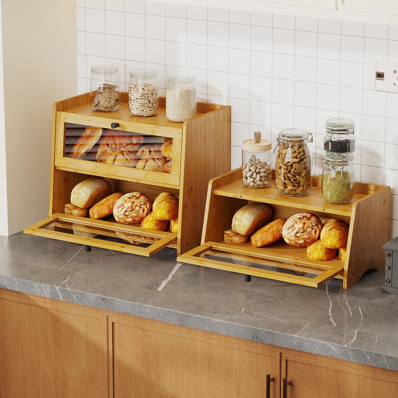 BAMBANG Bread Box for Kitchen Countertop, Extra Large Bamboo Bread Storage Container for Homemade Bread, Double Layer Sourdough Breadox, Bread Bin Organizer for Counter Cabinet Pantry, Natural - Image 4